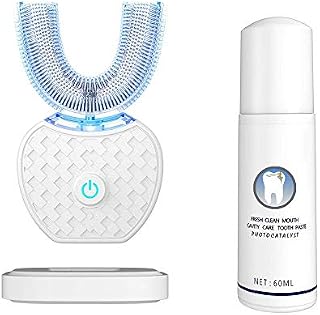 Ultrasonic Automatic Toothbrush,360° Ultrasonic Tooth Clean Brush Electric Toothbrush and Teeth whitening kit 30'' Automatic Timer, Wireless Charging Toothbrush Washable Travel Home Dual-use (White)