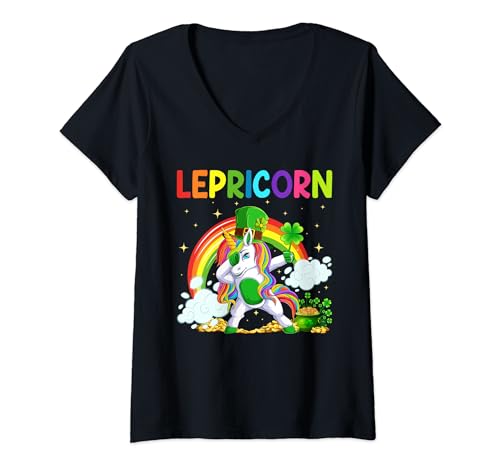 Womens Magical Rainbow Lepricorn Dabbing Unicorn St. Patrick's Day V-Neck T-Shirt