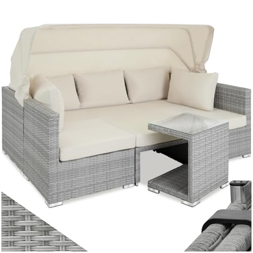 tectake Rattan Sonneninsel Sitzgruppe, Lounge Möbel Set inkl. Sofa mit Sonnendach, Hocker, Sesseln und Tisch, Outdoor Gartenmöbel, Loungemöbel Balkon und Garten, Terrassenmöbel, wetterfest - hellgrau