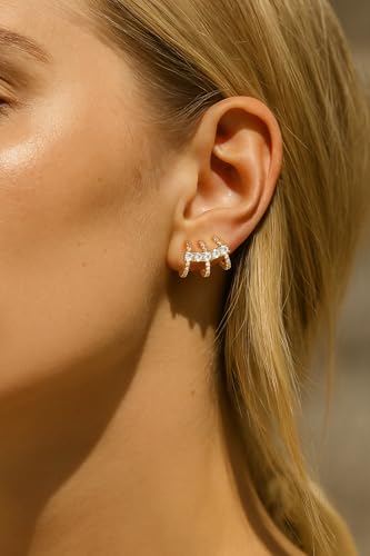 Triple Hoop Illusion Stud Earring for Women – 14K Gold Unique Diamond Huggie Stud Earrings for One Piercing – Faux Multi Hoops Design, Hypoallergenic Fashion Jewelry Earrings3