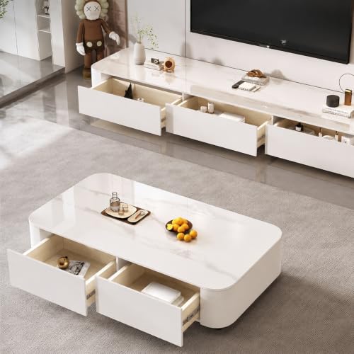 Image of WOODEN SPACE Jaguar Modern Marble Top Coffee Table with Storage | 47.24 Inch Rectangular Centre Table for Living Room | High Gloss Finish (White)