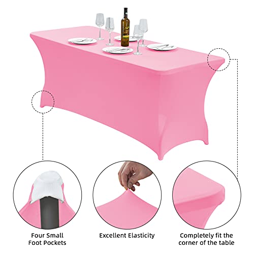 Image of CWK 6FT Waterproof Stretch Spandex Table Cover for Rectangular Tables - Elastic Fitted Tablecloth for Folding Tables,Wrinkle Resistant Table Cloth for Parties, Weddings, Banquets & Events (Pink)