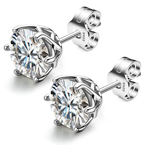 18K White Gold Plated Brilliant Cut Simulated Diamond Cubic Zirconia Stud Earrings Sterling Silver Hypoallergenic CZ Stud Earrings for Women Men 6 Prongs Setting2