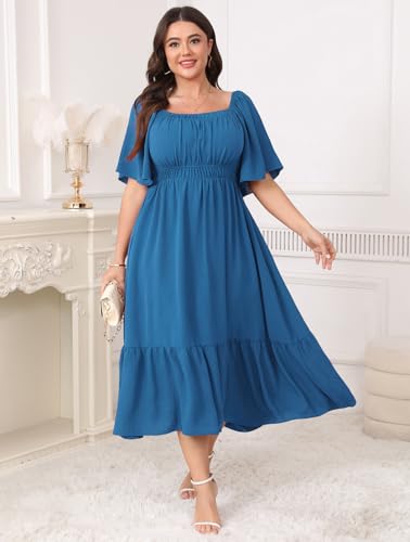 Image of CICIDUDU Plus Size Smocked Maxi Dresses for Curvy Women Square Neck Flowy Casual Summer Wedding Guest Dress