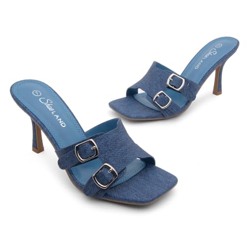 Image of Shoe Land Melrose Women's High Heels Stiletto Heeled Slides, Square Open Toe One Band Slip-On Heeled Mules - Dressy Clear Heeled Sandals for Prom Party Wedding and Vacation