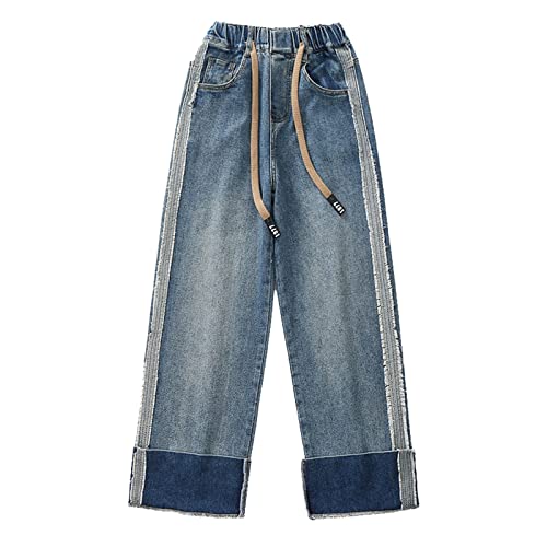 Teen Girl's High Waisted Wide Leg Jeans Summer Drawstring Denim Pants Elastic Wasit Baggy Pants Boys Black Dress Pants