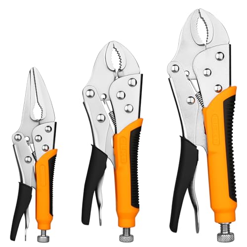 DEKOPRO 3-Piece Locking Pliers Locking Jaw Plier Vice Grips with Cr-V 7 and 10 Curved Jaw Plier 6-1/2 Long Nose Plier