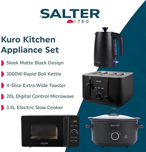 A close-up of the Salter Kuro 4-slice toaster and rapid boil kettle on a modern kitchen counter.