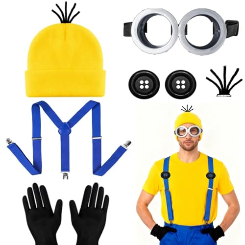 Humairc Disfraz De Carnaval Mujeres Niños Gorro Gafas Cosplay Guantes Botones Tirantes Fiesta De Carnaval Para Mujeres Hombres Niños (Azul)