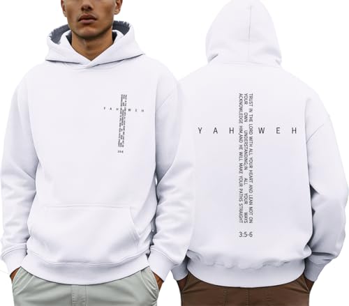 PANOZON Christian Hoodies for Men Yahweh Religious Faith Jesus God Cross Pullover Bible Verse Graphic Y2K Tops,White,2XL