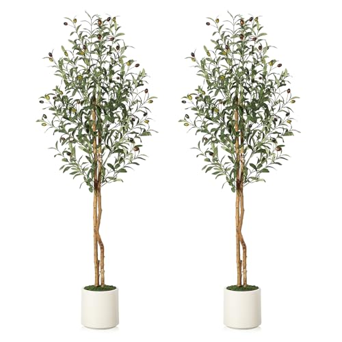 GarveeHome Faux Olive Tree 5ft,Tall Artificial Tree Indoor with 2 Natural Wood Trunks, Fake Plants Potted in White Planter, Floor Plants for Living Room House Decor,2PCS