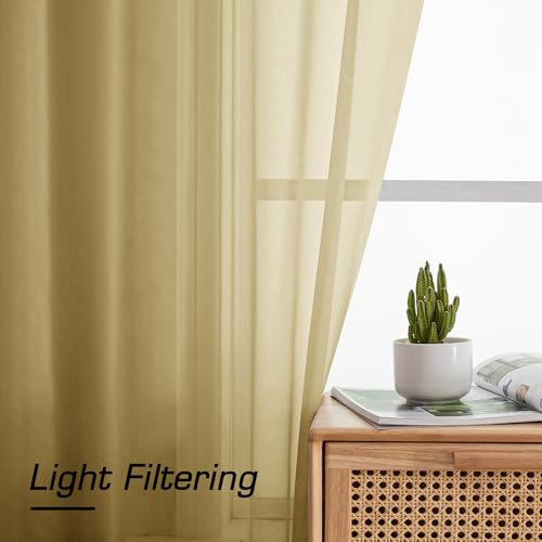 Image of Simplebrand Gold Sheer Curtains, 63 inch Length, 2 Panels Set - Light Filtering, Rod Pocket Window Curtains for Bedroom (Gold, 59 inch W x 63 inch L)