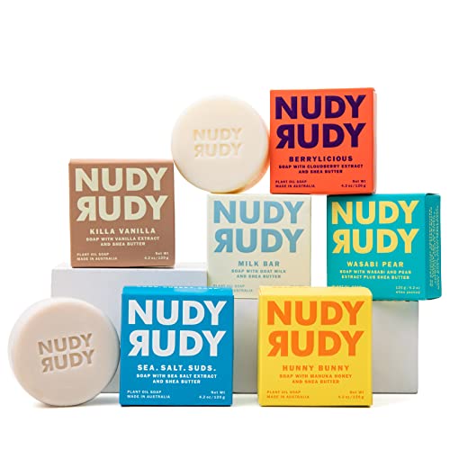 Nudy Rudy Variety Pack of 6 Shea Butter Soap Bars | Made in Australia | Gift Set for Men & Women | Natural Ingredients | No Harsh Chemicals | Life Pro Tip Bundle | 4.2 oz Each