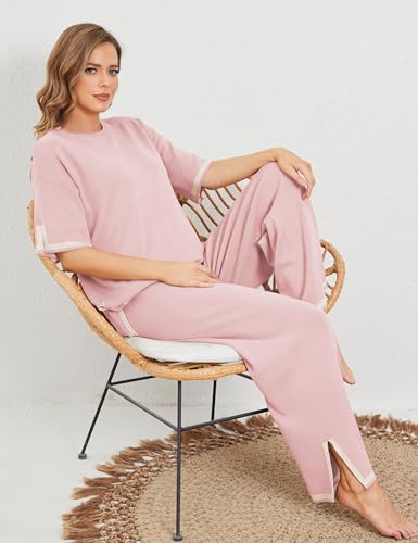 Image of Tanming Sweater Sets Women 2 Piece Lounge Sets Short Sleeve Knit Pullover Tops Wide Leg Pants