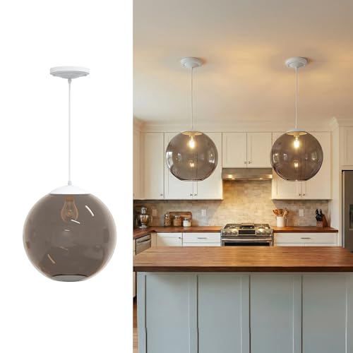 Image of KASTLITE 12 inch Acrylic Globe Pendant Light Fixture, 8W 3000K Filament LED Bulb, Ceiling Mount - Kitchen Pendant Lighting Over Island, Hanging Dining Light, Living Room Lamp - Bronze Shade, White Base