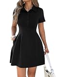 Mieazom Women's Polo Collared Button Down A Line Flare Mini Dress Summer Short Sleeve Lapel V Neck Short Dress with Pockets Semi Formal Business Work Office Dress Black L