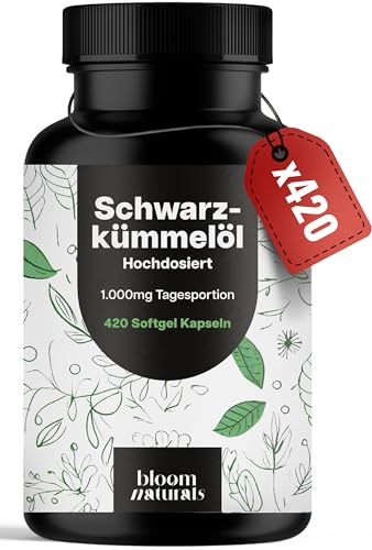 Schwarzkümmelöl Kapseln Hochdosiert – 420 Softgel Kapseln – 1.000 mg Tagesportion – Vitamin E – Produziert in Deutschland - Laborgeprüft - Verpackung kann variieren