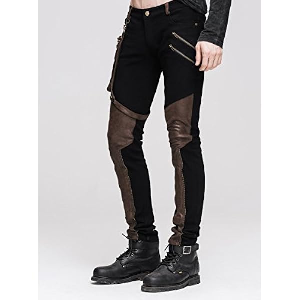Devil Fashihon Gothic Men's Hipster Pants Tasca impiombata Steampunk Cuciture elasticizzate nere e marroni