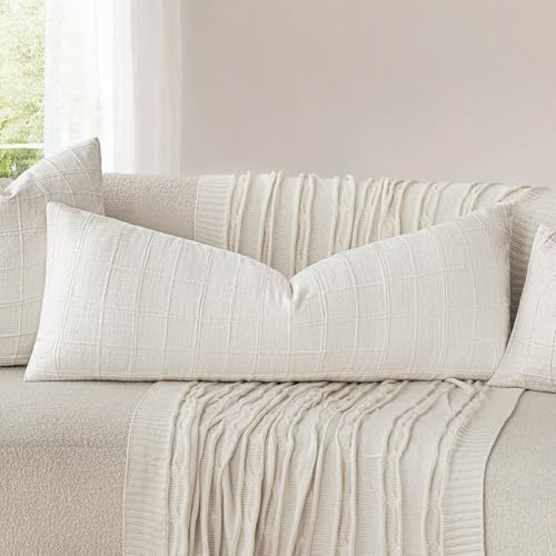 Image of Foindtower Set of 1 Decorative Linen Check Throw Pillow Cover Neutral Long Body Lumbar Cushion Cover Farmhouse Vintage Boho Home Decor for Sofa Chair Couch Bedroom Living Room,14x36 Inch,Cream White