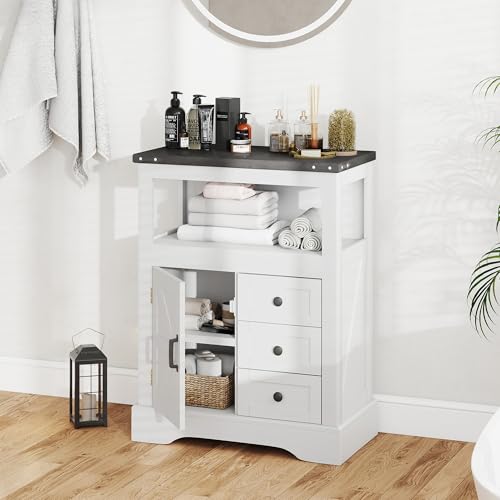 Real Relax Small Bathroom Storage Cabinet - Freestanding Floor Cabinet with 3 Drawers & Enclosed Magnetic Door, Suitable for Bathroom/Living Room/Entryway, White