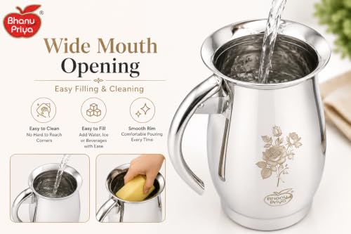 Image of Bhanu Priya Stainless Steel Deluxe Laser Water Jug 2.5 L | Mirror Polish Steel Jug | Floral Laser Engraving | Wide Mouth | Strong Riveted Handle | Water, Juice, Milk & Lassi Jug| 2.5 L