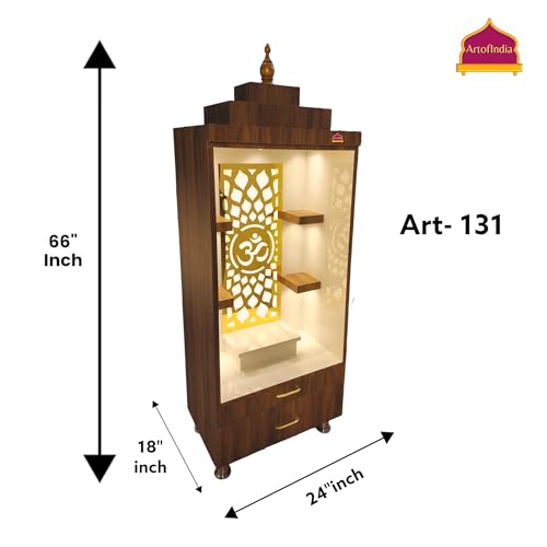 Image of Wooden Mandir, Designer Mandir for Home, Office, Golden Jali, White Colour, 18 mm Board (Brown)