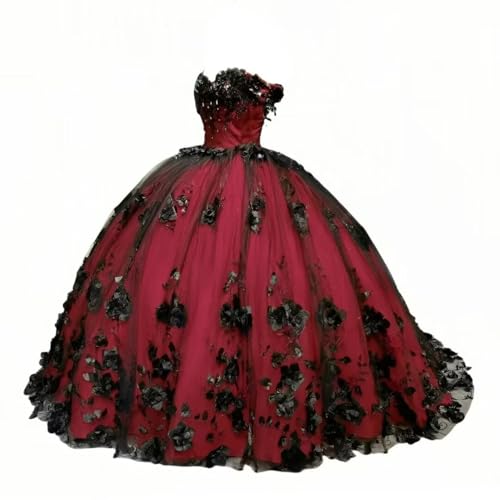 Mauuwy Black 3D Floral Tulle Quinceanera Dresses Pearly Prom Dresses with Train Beaded Off Shoulder Gothic Sweet 16 Dresses