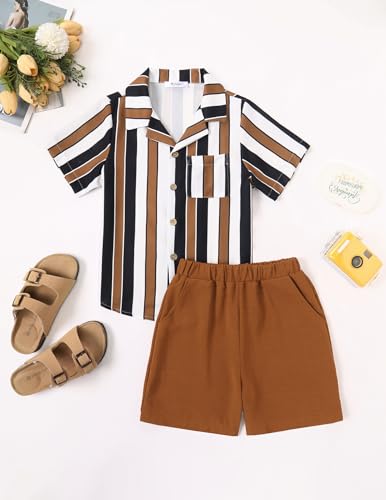 Image of Arshiner Boys 2 Pieces Summer Beach Outfits Short Sleeve Button Down Shirts and Shorts Vacation Texture Sets for Kids