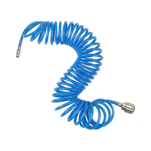 ANOMM Tuyau Spiralé Air Comprimé 5m, Diamètre 5 × 8 mm, Tuyau d'Air en Polyuréthane, avec Connecteur à Ressort et Limiteur de Courbure, Compatible avec Connecteurs Euro Standard, Bleu