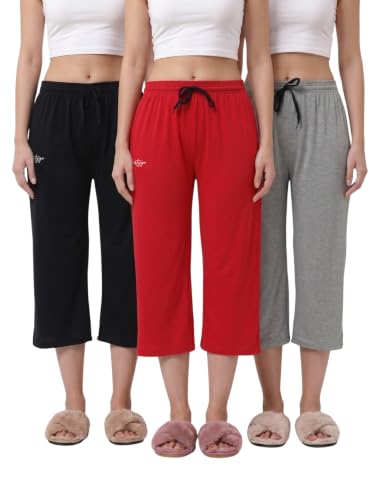 Image of Fflirtygo Women's Cotton Plain Calf Length Capri | Nightwear Pajama | 3 /4th Solid Pyjama Pant | Black Navy and Lavender Lounge Pants | Casual wear & Lounge Wear Capri Combo (Pack of 3)