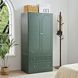 ORRD Fluted Freestanding Armoire Wardrobe Closet with 2 Doors and 2 Storage Drawers, Large Capacity Wardrobe Cabinet, Wooden Closet for Bedroom, Living Room - Green