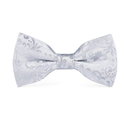 Image of Hi-Tie Pretied Bow Ties for Men Wedding Formal Bow Tie Handkerchief Cufflinks Lapel Pin Set Party Formal Mens Bowtie Set, Siver White Floral, Medium