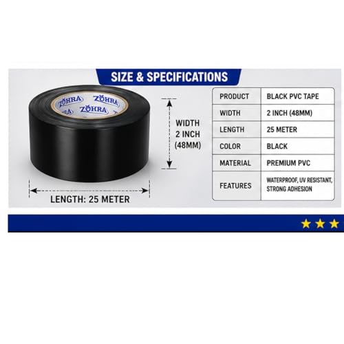 Image of ZOHRA PVC Self Adhesive Tape For Air Conditioner Copper Pipe Wrapping Tape AC Insulation Tape Water Prof Heavy Duty 20 Meters Length, 48MM Width Pack Of 1¦ (White) (BLACK)