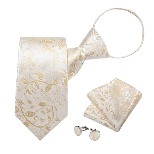 Image of DiBanGu Silk Zipper Ties for Men,Paisley Solid Plaid Pre-tied Tie and Pocket Square Cufflinks Set Formal Adjustable Necktie