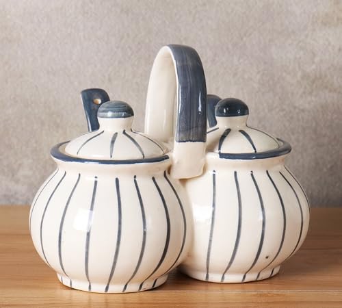 Image of Niyara Multipurpose Storage Ceramic Pickle set Jars & with Lid & tray (Set of 2, 300 ML) (Grey line design)