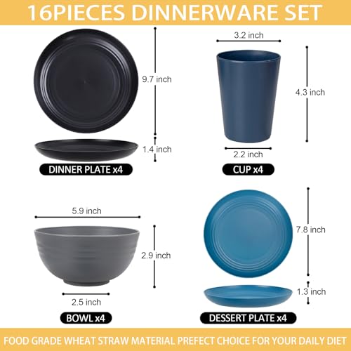 Image of Rubtlamp 16Pcs Plastic Wheat Straw Dinnerware Set, Reusable Plastic Dishes Set for 4, Kitchen Plates And Bowls Set (Deep Four Colors) Include Dinner Plates, Dessert Plates, Cereal Bowls, Cups