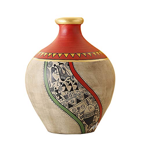 Image of Aakriti Art Creations Handcrafted Red & Gold Warli Terracotta Vase (5x4 HxD) | Tribal Art Decorative Flower Vase | Matte Finish Traditional Vase for Living Room Decor, Table Decor & Gifting