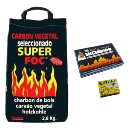 Carbón Vegetal Premium de Encina,Sin Humo, Sin Aditivos, Ideal para Una Barbacoa,1 Cajas 36 Pastillas de Encendido y 1 Caja Cerillas. (2.8kg)