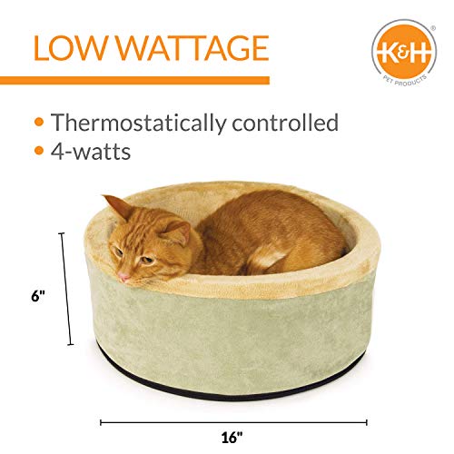 K&H PET PRODUCTS ThermoKitty Heated Cat Bed Small 16 Inches Sage/Tan