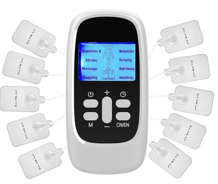 DAJASD Tens/EMS - Dispositivo de tratamiento del dolor 3 en 1 TENS con 6 modos, 2 canales y 8 almohadillas de electrodos, masajeador de impulsos para aliviar el dolor, brazo, pierna, espalda, hombros