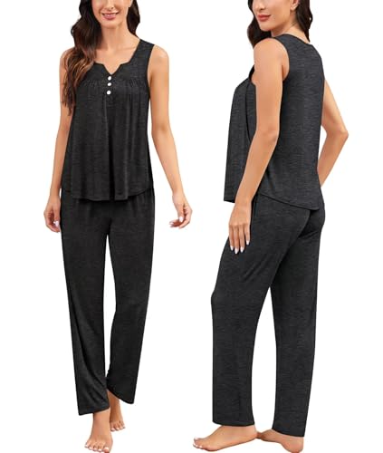 Image of SWOMOG Maternity Nursing Pajamas Set 3 Piece Breastfeeding 3 in 1 Labor Delivery Sleevless Tops Long Pants Pregnancy Pjs