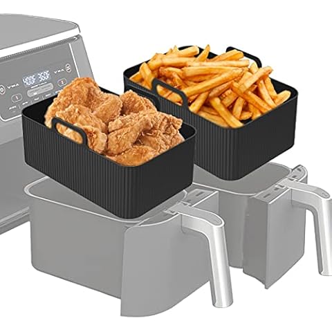 2Pcs Air Fryer Silicone Pot for Ninjas Dual Air Fryer, Reusable Silicone Air Fryer Liner, BPA Free Double Air Fryer Silicone Air Fryer Basket Tray Air Fryer Accessories for Air Fryer Oven (A,Black) Cover