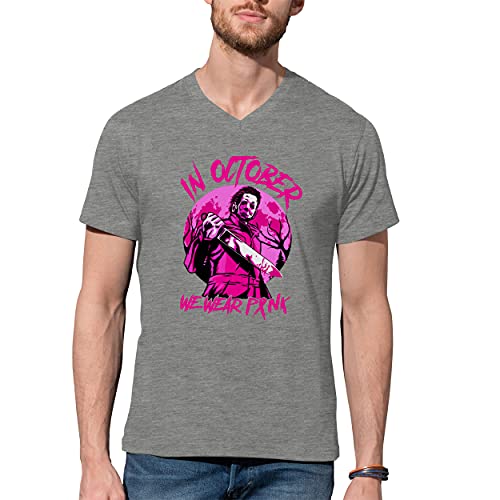 Michael Myers In October We Wear Pink V-Neck Camiseta De Hombre Gris Size XXL