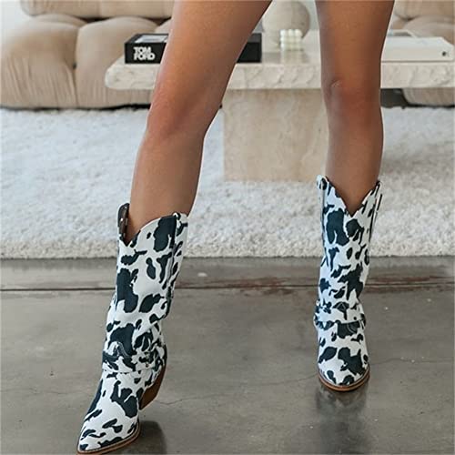 Keleimusi Cowgirl Mid-Calf Boots Cow Print Micro-Suede Almond Toe Stacked Low Heeled Chunky Western Booties thumb #3