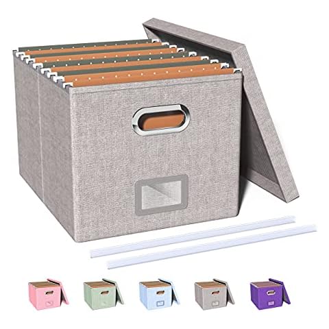 Oterri File Organizer Box, Filing Box with Lid,File Box for Letter/Legal File Folder Storage, Portable Hanging File Box for Office/Decor/Home,1 Pack, gray-Box only Cover