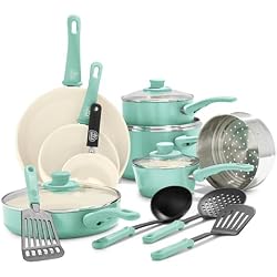 1 of GreenLife 16 Piece Ceramic Nonstick Pots & Pans Cookware Set, Turquoise | PFAS-Free Ceramic Nonstick, Stockpot, Frying Pans, Saucepans, Sauté Pan, Stay-Cool Handles, Dishwasher & Oven Safe up to 350F