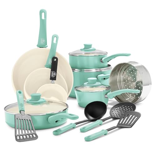 GreenLife Soft Grip 16 Piece Cookware Set, Non-Toxic PFAS-Free Ceramic Nonstick, Pots, Frying, Sauce, Saute, Glass Lids, Stay-Cool Handles, Wobble Free Bases, Dishwasher & Oven Safe, Turquoise