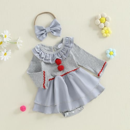 Baby Girl Halloween Outfit Clown Dress Ruffle Romper Long Sleeve Patchwork Doll Collar Onesie Cute Fall Clothes2