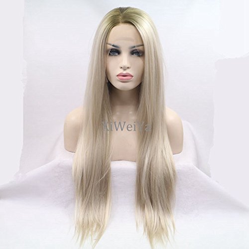 Xiweiya Handmade Straight Ombre brown blonde Synthetic Lace Front Wigs 2 Tones Heat Resistant Hair Wigs for White Women Long Natural Mixed Blonde Wigs
