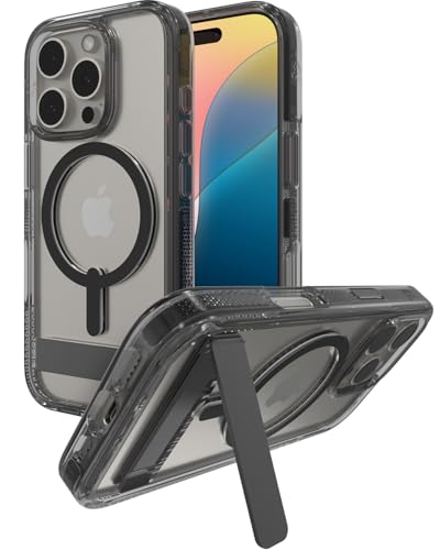 Image of ZAGG Santa Cruz Snap with Kickstand Case for iPhone 16 Pro - MagSafe Compatible, 13ft Military-Grade Drop Protection, Reinforced with Graphene, Slim Clear Case with Vibrant Color Accents, Black